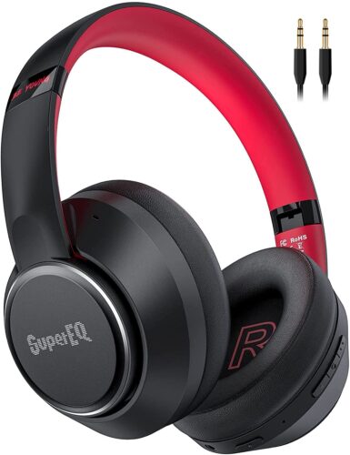 pair of black and red headphones. SuperEQ written on the headphone. 
