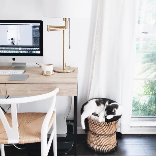 image of an office space. wood desk with a desktop computer on it. Sunlight is coming through the window. Cat is sitting beside the desk. 