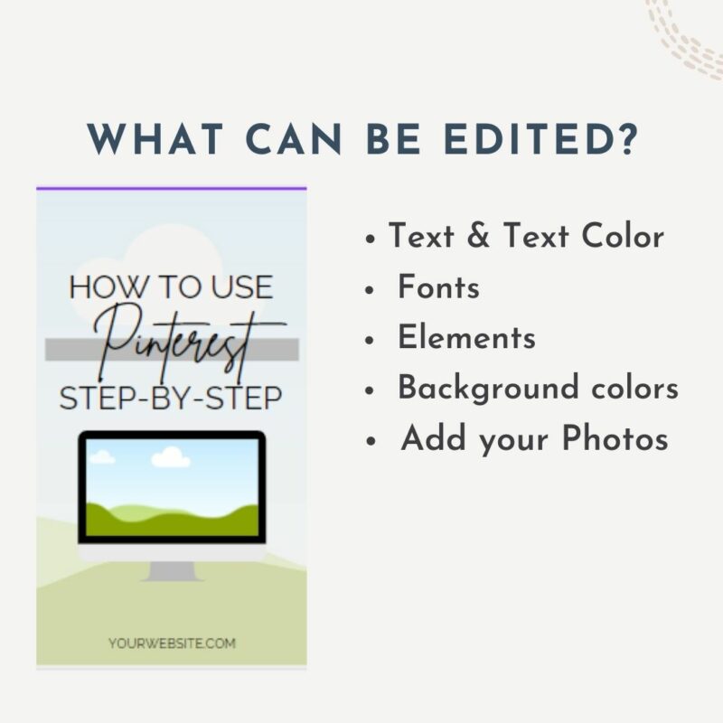 What can be edited? Text & Text Color Fonts Elements Background colors Add your Photos