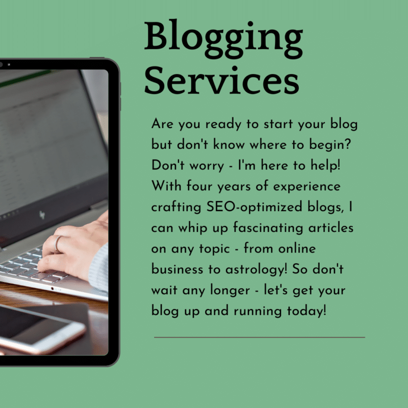 Are you ready to start your blog but don't know where to begin? Don't worry - I'm here to help! With four years of experience crafting SEO-optimized blogs, I can whip up fascinating articles on any topic - from online business to astrology! So get started - let's get your blog up and running today! Blog services