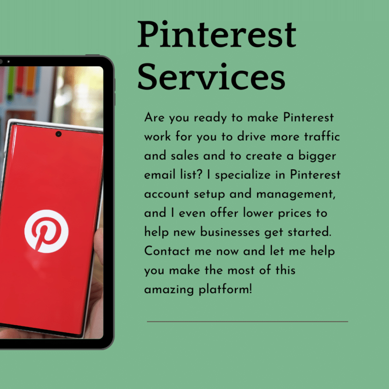 Pinterest services
Are you ready to make Pinterest work for you to drive more traffic and sales and to create a bigger email list? I specialize in Pinterest account setup and management, and I even offer lower prices to help new businesses get started. Contact me now and let me help you make the most of this amazing platform!