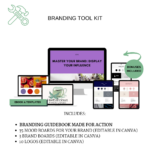 Get the branding tool kit. Includes: Branding guidebook made for action 35 Mood Boards for your Brand (editable in Canva) 3 Brand Boards (editable in Canva) 10 Logos (editable in Canva)