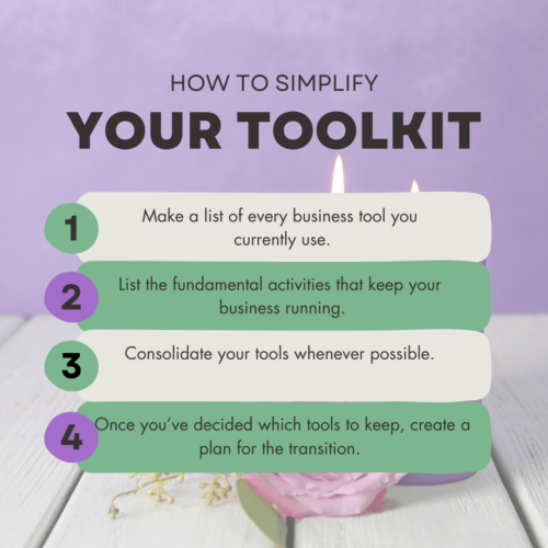 How to simplify Your Toolkit. List the fundamental activities that keep your business running. Consolidate your tools whenever possible. 
