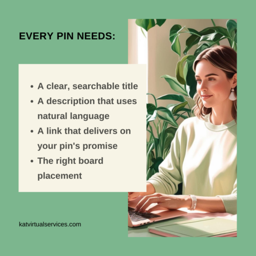 Every pin needs: A clear, searchable title
A description that uses natural language
A link that delivers on your pin's promise
The right board placement